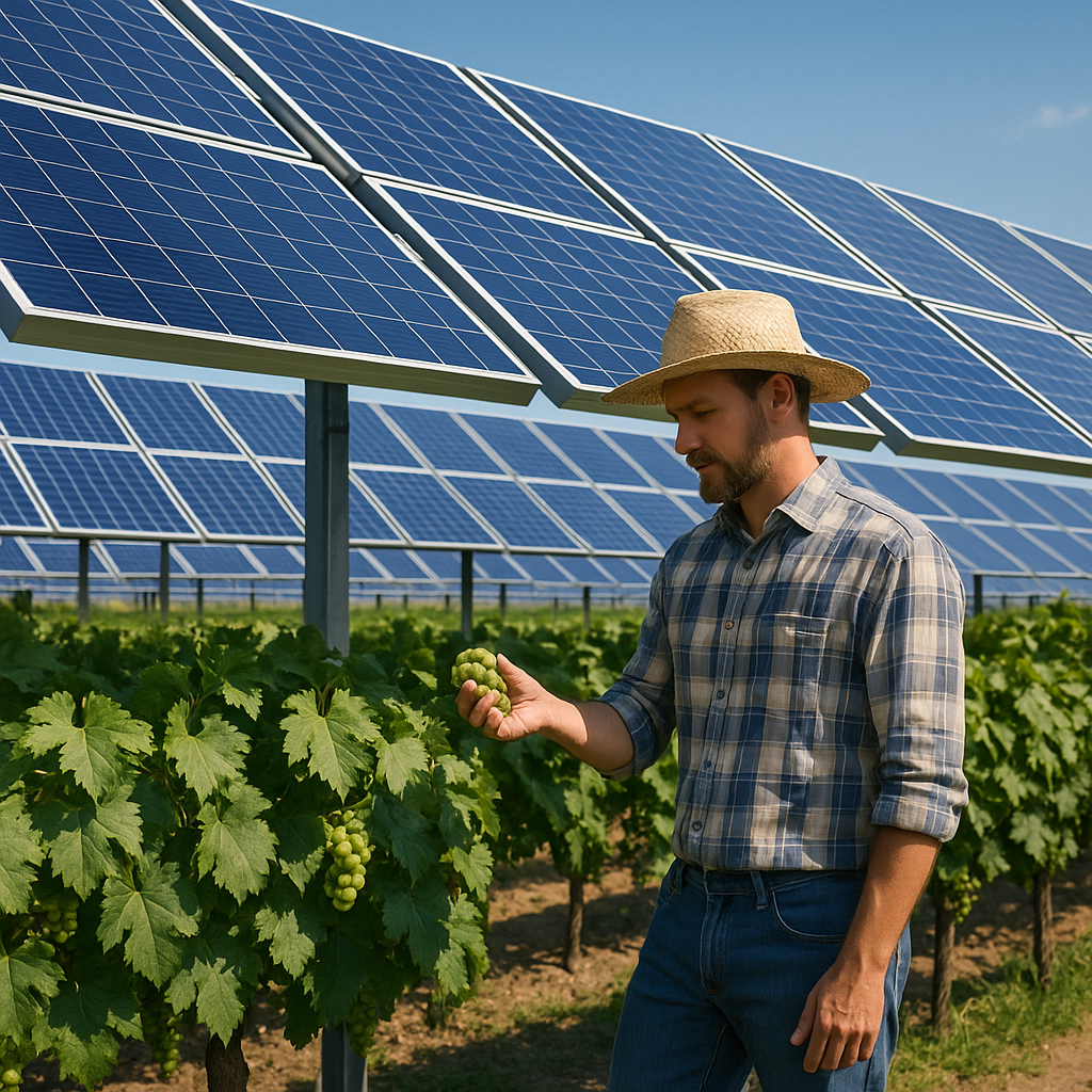 Esperto VitEnergy al lavoro nel vigneto con sistema agrivoltaico